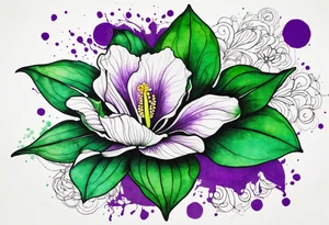 A mystical outline of a rio dipladenia flower with green/purple pedals and a green/purple watercolor splash in the background tattoo idea