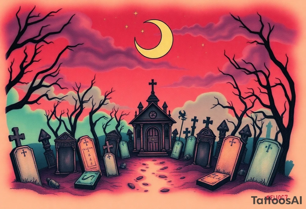 Tim Burton’s haunted victorian graveyard is abandoned and dripping with muted reds, dusty pinks, and eerie green glow.purple and cyan smokey clouds swirl in the crescent moonlit sky thats sprinkled with stars tattoo idea tattoo idea