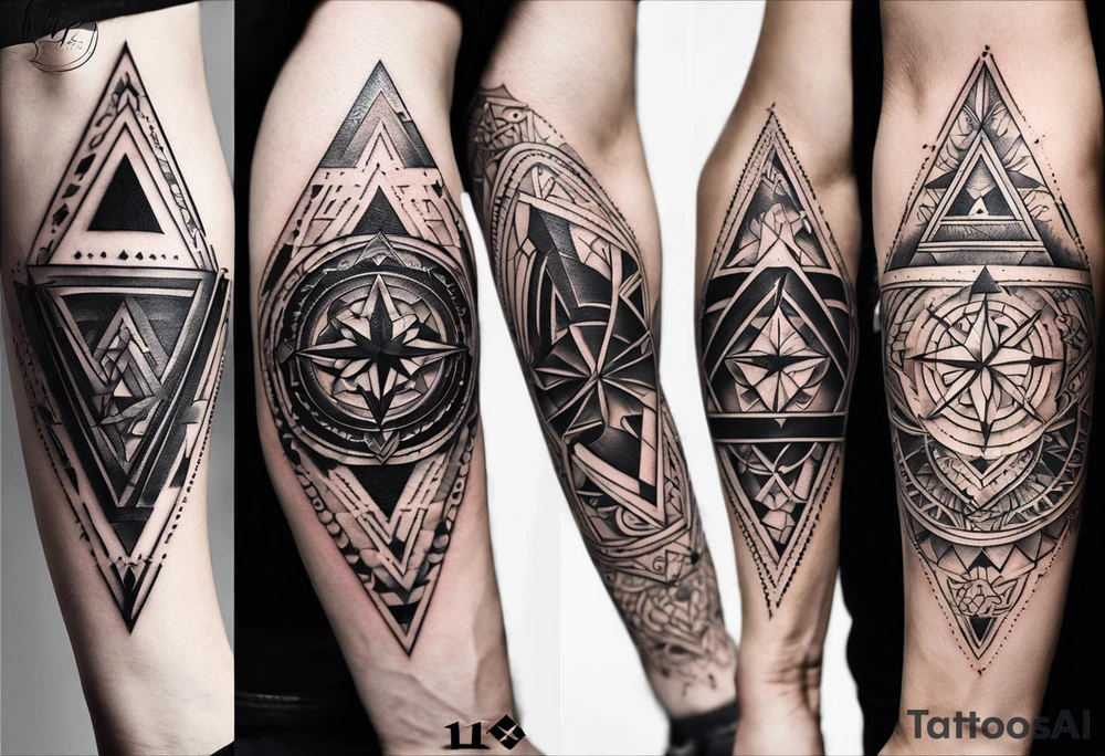 Fine line tattoo in the left forearm on the bottom side. The tattoo will have three shapes placed in a triangle formation. The top shape will be a geometric heart that symbolizes health. The bottom left will have a compass rose as a symbol for purpose. The bottom right will have three circles placed in a triangle formation to symbolize family. Tattoo should be minimalist with just the shapes filled in and no ornaments tattoo idea