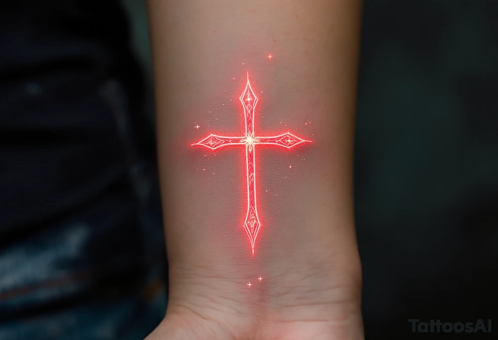The symbol of love rune is etched into ancient stone, with glowing soft red accents that highlight the edges. A gentle mist surrounds the rune, adding to its ethereal appearance, and delicate silver stars enhance its cosmic energy. tattoo idea