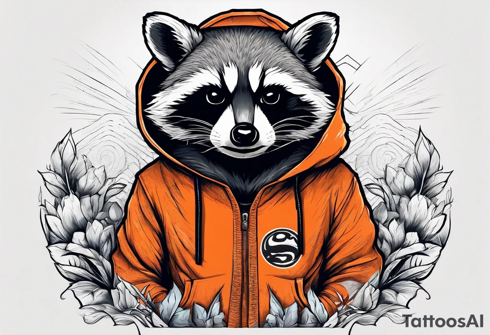Raccoon wearing an orange Superman hoodie tattoo idea