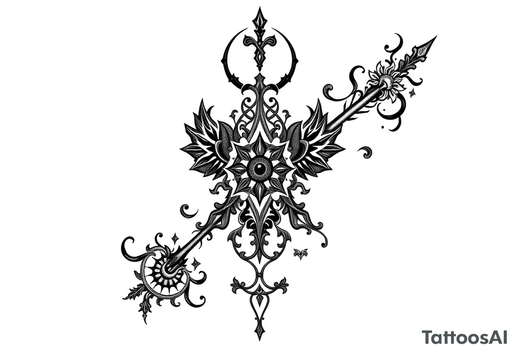 mystical dark and long ornament with witch mytolog and ancient rhyme tattoo idea