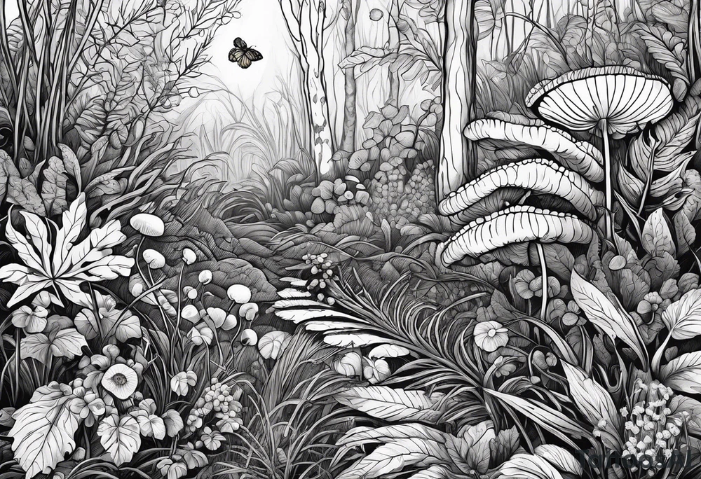 forest floor inspired realistic tattoo, which includes grass, curly ferns and dead leaves as the bulk of the tattoo. details to include: three very tiny strawberries, couple of VERYsmall mushrooms, a tiny bumblebee flying nearby tattoo idea