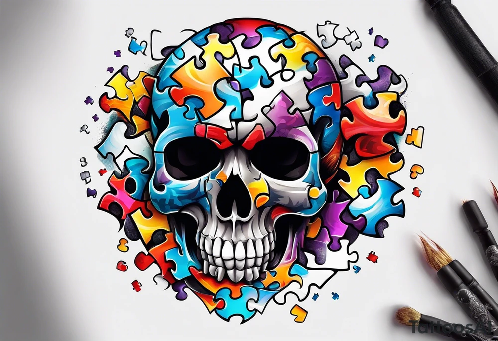 Skull with Autism Awareness Puzzle pieces. tattoo idea
