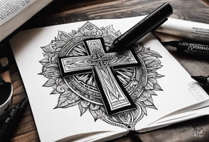 Forearm tattoo cross with rays of sun and
 a Bible verse Jeremiah 29:11 tattoo idea