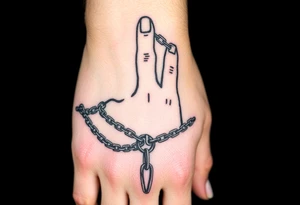 Gothic chains wrapped around outline of hand on the the index finger and connected to the thumb tattoo idea