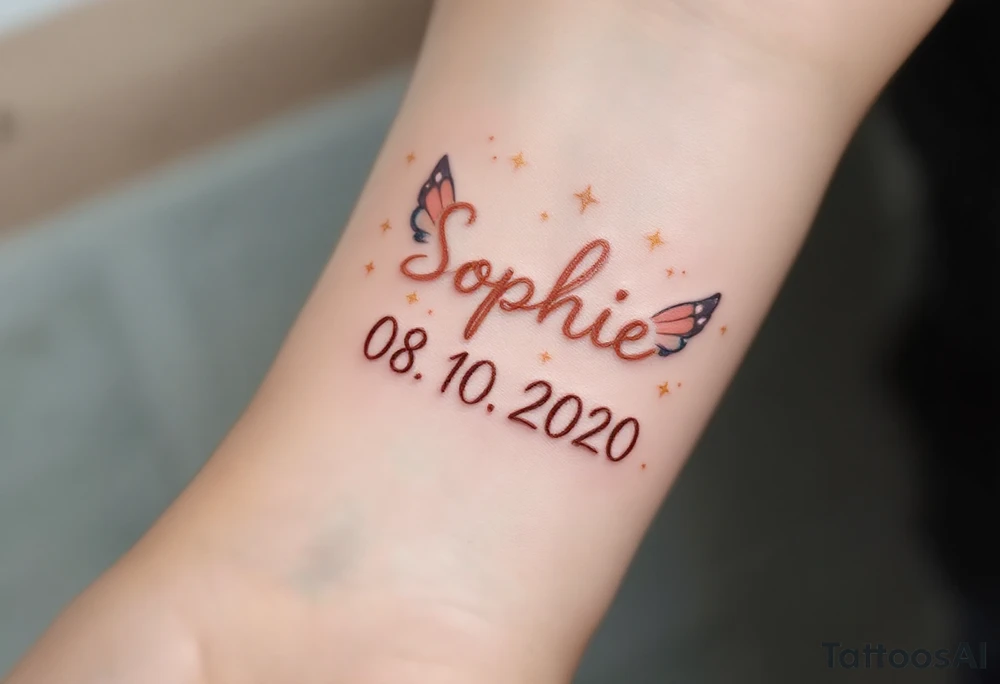 Sophie 08. 10. 2020 – Soft peach and coral tones around Sophia's birthdate, adorned with butterfly wings and small gold sparkles. tattoo idea
