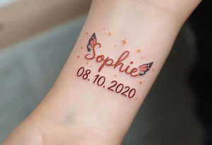 Sophie 08. 10. 2020 – Soft peach and coral tones around Sophia's birthdate, adorned with butterfly wings and small gold sparkles. tattoo idea