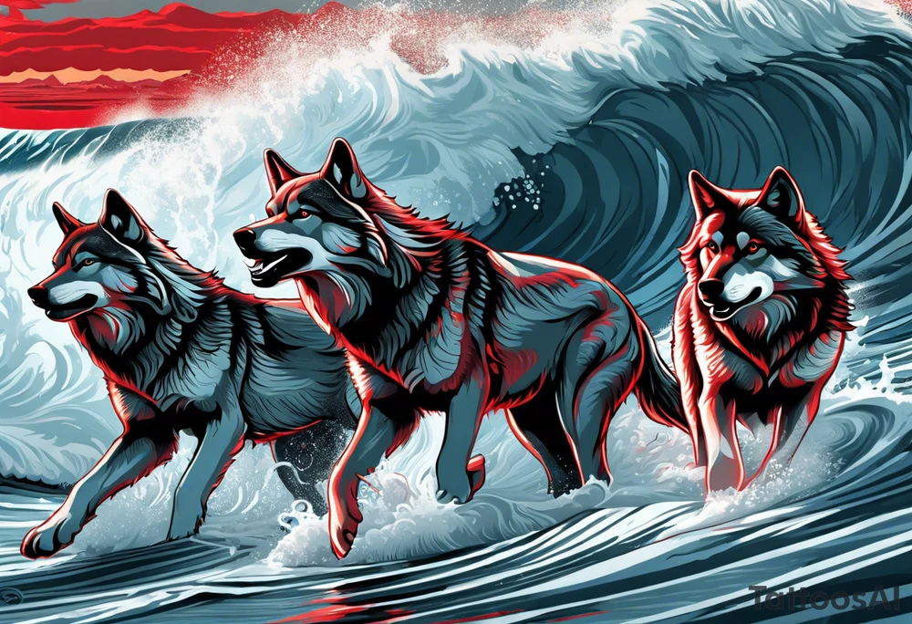 a pack of 3 howling muscular  gray wolves surfing waves with a linear background with red, white and black and gray tattoo idea