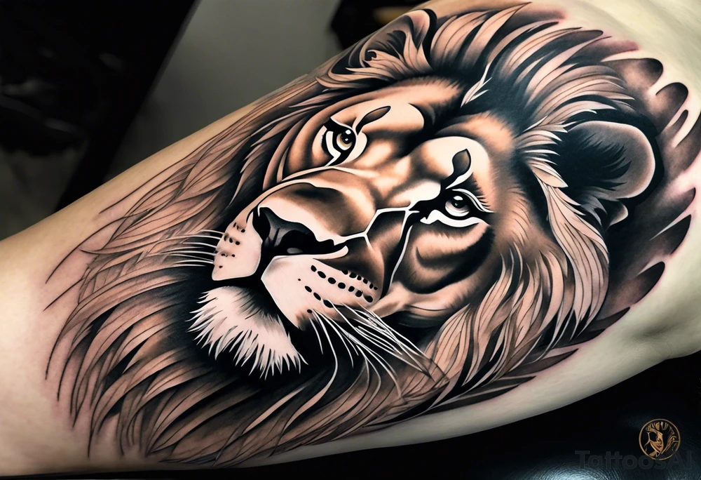 Full sleeve tattoo depicting a large lion with one blind eye with a scar going through the eye, protecting his lioness while they both also protect 6 lion cubs. Background should depict a safari scene tattoo idea