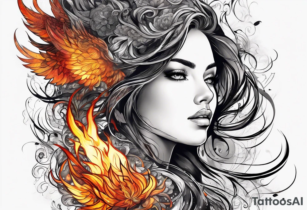 Resurrection strength and courage Beautiful Woman walking through fire and chaos to inner peace and self-love  ethereal tattoo idea