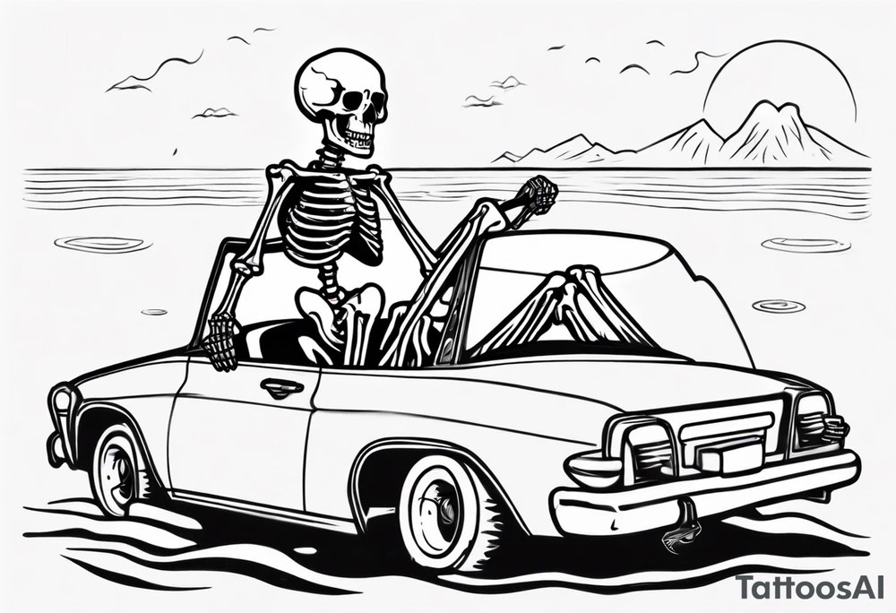 A skeleton sitting in a car on the beach drinking a beer tattoo idea A skeleton sitting in a car on the beach drinking a beer tattoo idea