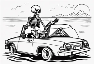 A skeleton sitting in a car on the beach drinking a beer tattoo idea