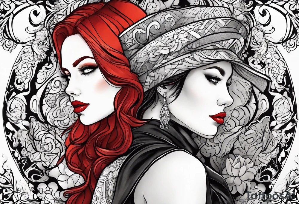 Busty red haired woman with a bearded man who has black hair tattoo idea