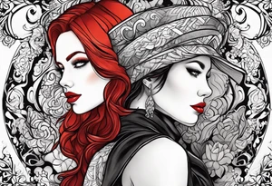 Busty red haired woman with a bearded man who has black hair tattoo idea