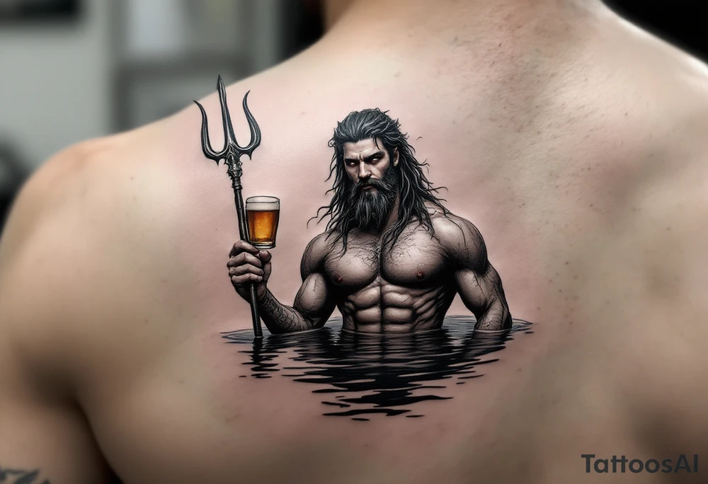 young, fit poseidon in calm water, holding a trident, holding a beer, looking in your eyes tattoo idea