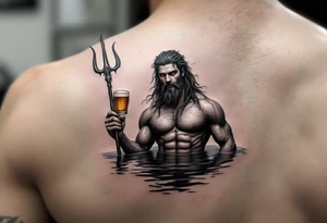 young, fit poseidon in calm water, holding a trident, holding a beer, looking in your eyes tattoo idea