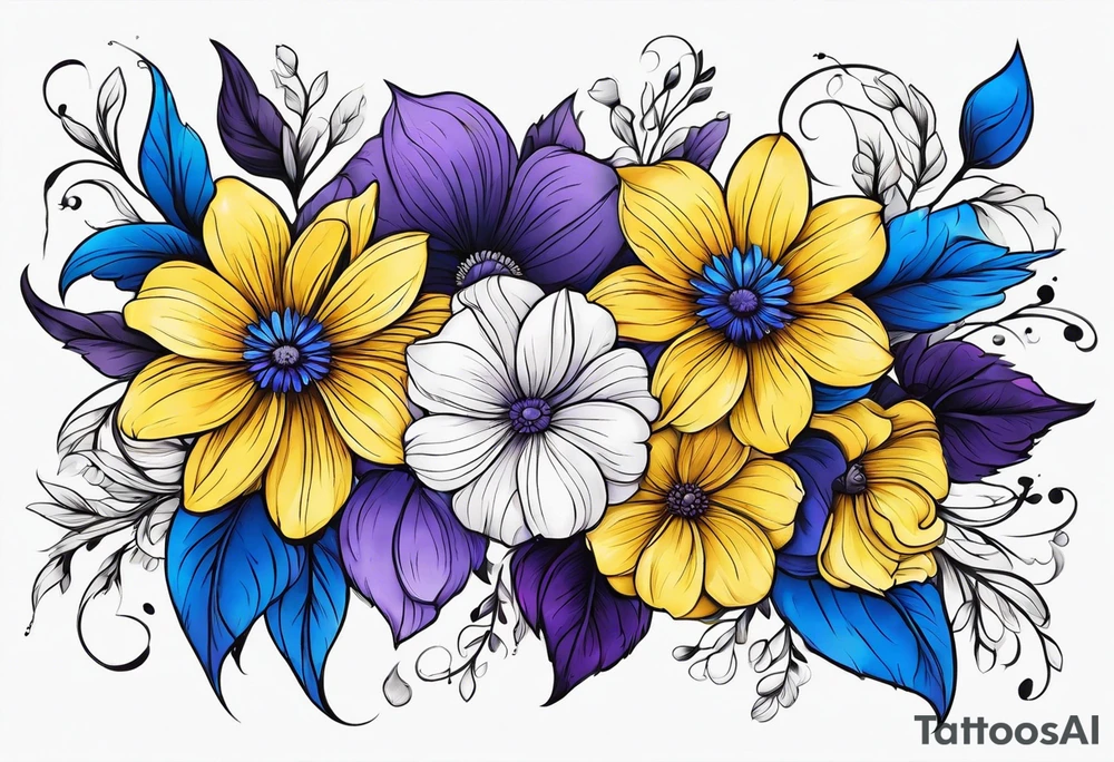 Blue yellow and purple flowers arm sleeve tattoo idea