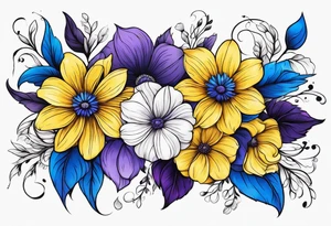 Blue yellow and purple flowers arm sleeve tattoo idea