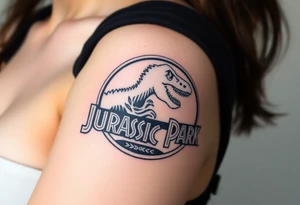 Jurassic Park logo with the dinosaur holding a stick tattoo idea