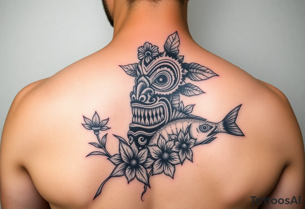 Tiki, Blumen, Wellen, Tintenfisch, Schildkröte, #299 (Klein), schwarz, old school tattoo idea