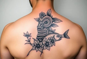 Tiki, Blumen, Wellen, Tintenfisch, Schildkröte, #299 (Klein), schwarz, old school tattoo idea