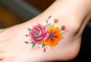 a colorful, vibrant, watercolor tattoo with one red rose, one orange lily, one gold marigold, and one orange cosmos flower and with splashes of color tattoo idea