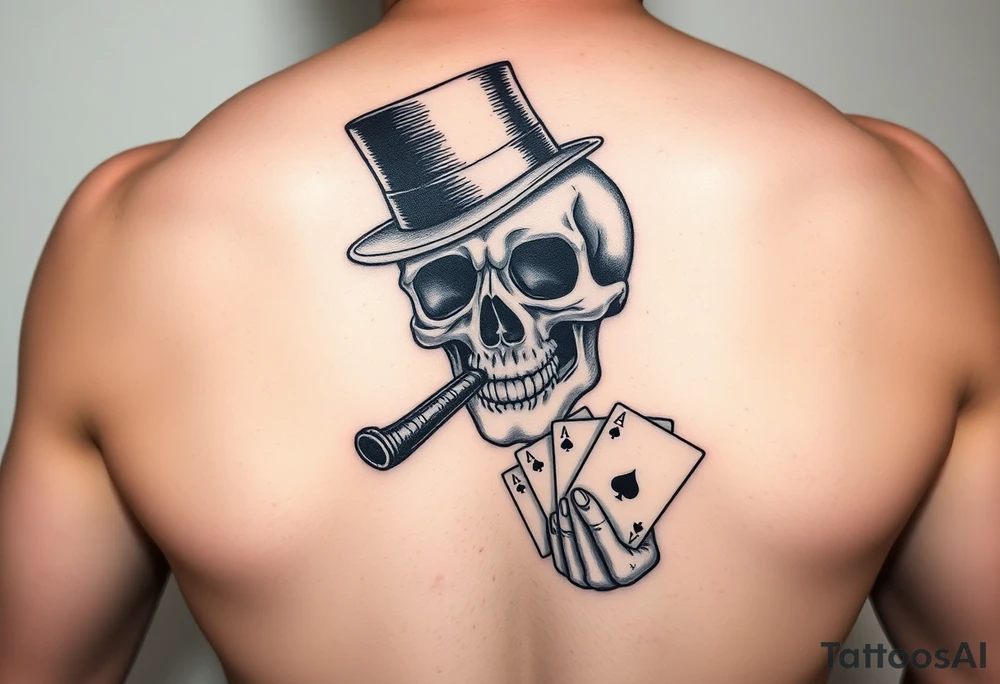 a skull with mustache, a big cigar in his mouth,top-hat on his head and playing cards in a hand. tattoo idea