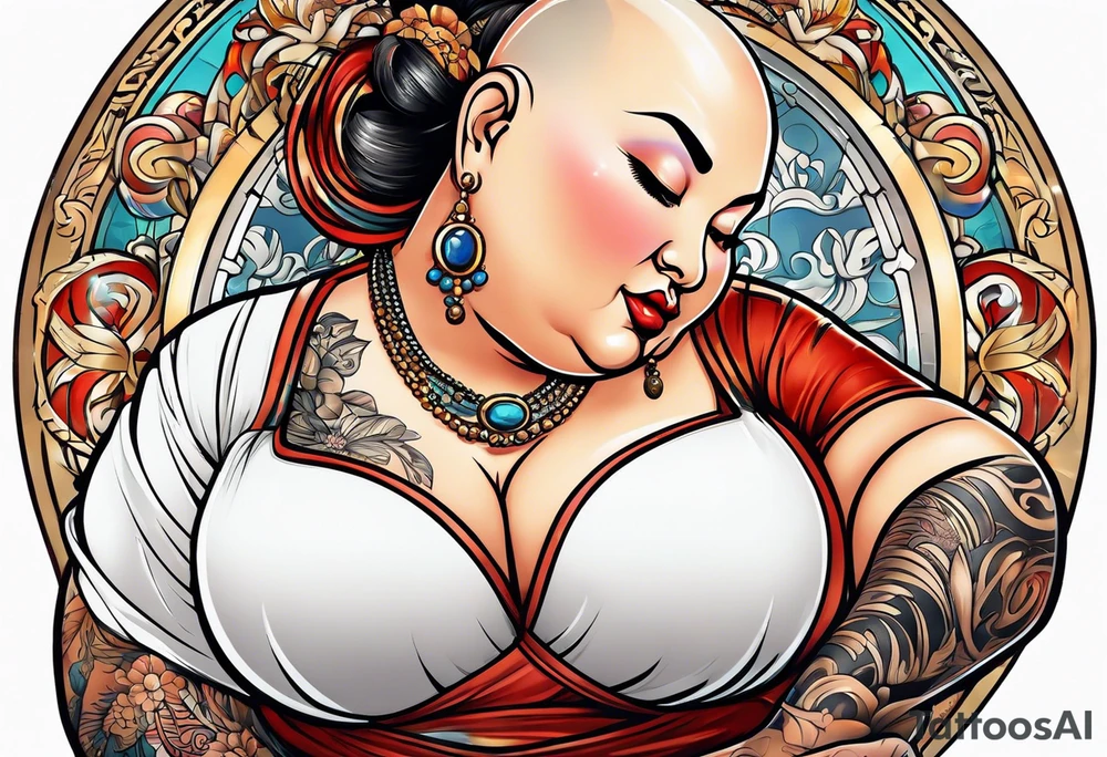 very fat lady with bald head washing dishes tattoo idea