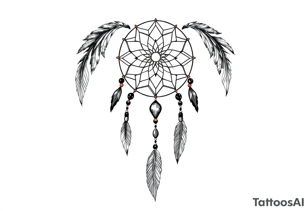 native dreamcatcher with flowing feathers and sacred beads tattoo idea