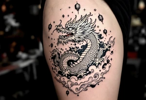 Chinese dragon flying towards the sky surrounded by chinese lanterns tattoo idea