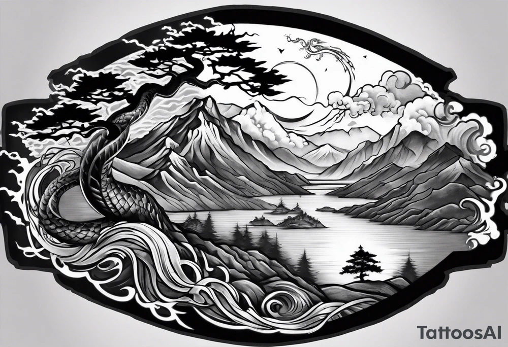 Full arm sleeve, tree going up to shoulder dead tree going down to wrist, wrapped in a serpent moving down with mountain, water, and demon tattoo idea