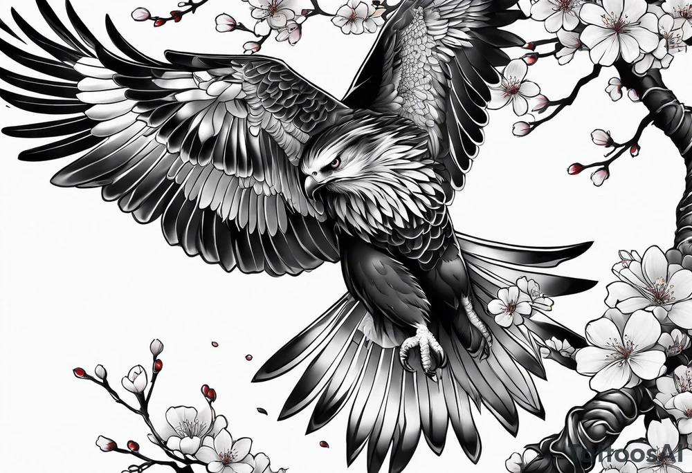 traditional.
full leg sleeve with the following elements: hawk and cherry blossoms tattoo idea