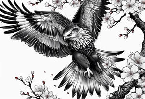 traditional.
full leg sleeve with the following elements: hawk and cherry blossoms tattoo idea