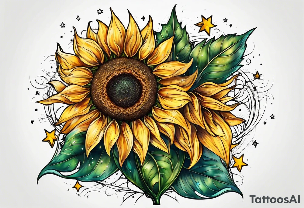 sunflower surrounded with little stars, tree and arrow tattoo idea