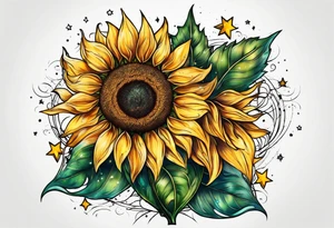 sunflower surrounded with little stars, tree and arrow tattoo idea