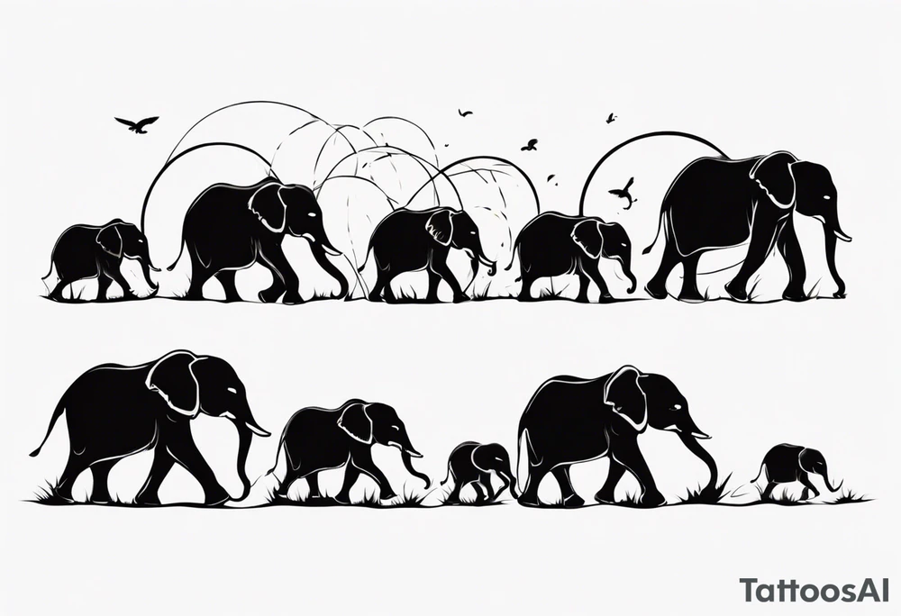 family of 6 elephants walking into sunset tattoo idea