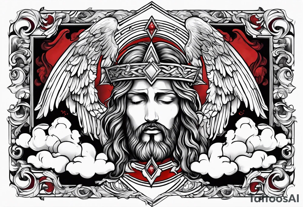 Clouds with angels in them and Jesus below with a thorncrown and a red blood tear tattoo idea