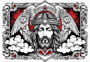 Clouds with angels in them and Jesus below with a thorncrown and a red blood tear tattoo idea