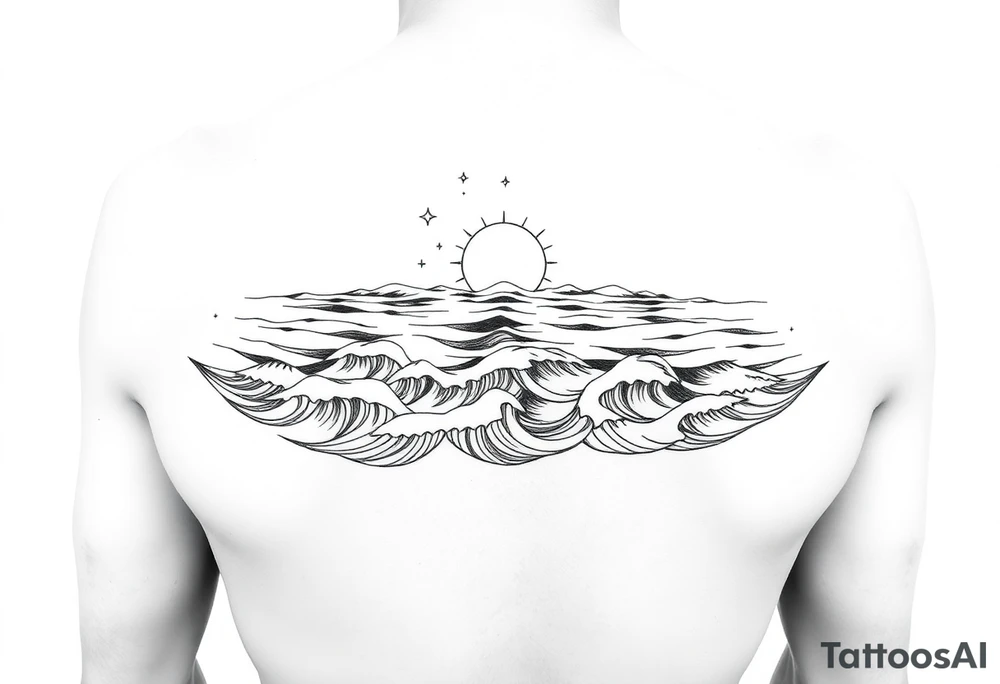Wrap-around forearm tattoo, black and white line art. Calm sea waves and horizon, sun or moon above with subtle Norse runes (Algiz, Raido). Balanced, elegant, marine and mythological. Clean outlines, high contrast, stencil-ready. tattoo idea