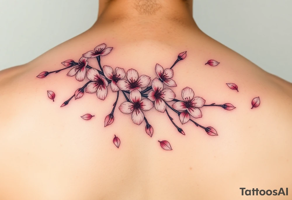 delicate cherry blossoms swirling in spring breeze with petals tattoo idea
