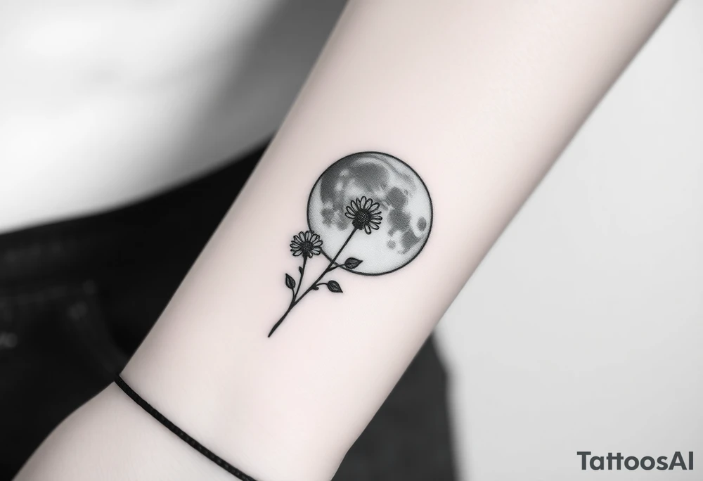 Small black and white tattoo waxing creaxent moon with small Daisy birth flower and tiny leo gliph tattoo idea