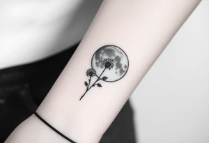 Small black and white tattoo waxing creaxent moon with small Daisy birth flower and tiny leo gliph tattoo idea