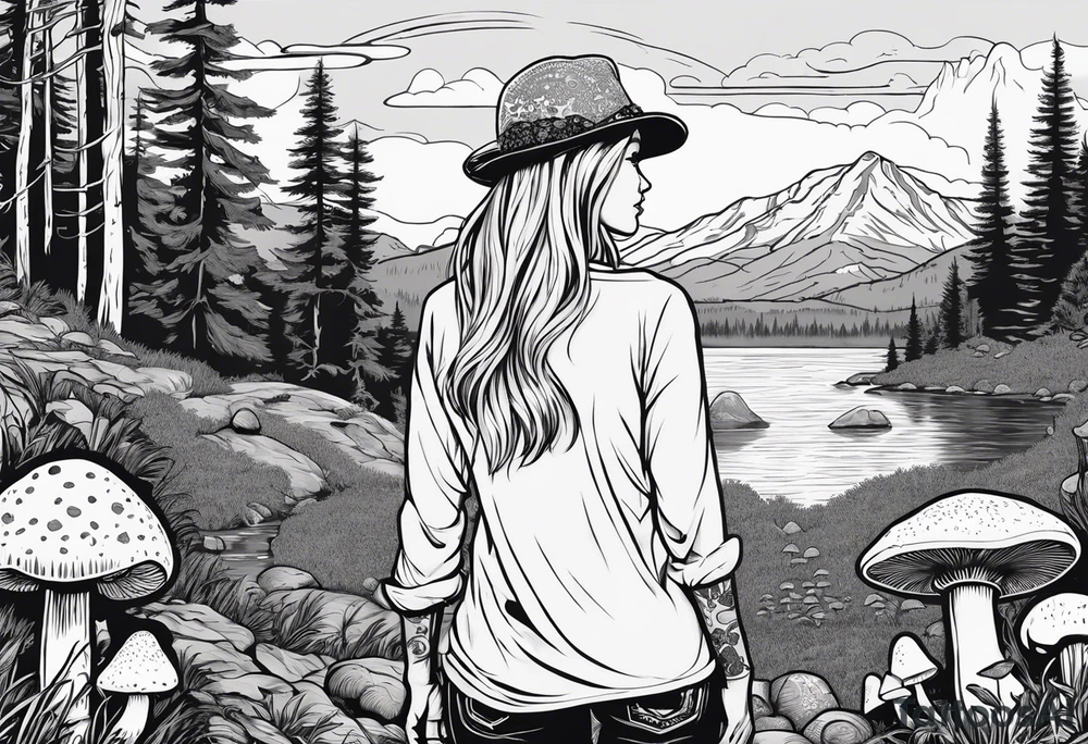 Whole picture encircled fully

Straight long blonde hair hippie girl in distance holding mushrooms in hand facing away toward mountains and creek surrounded by mushrooms long sleeve shirt and hiking pants; whole rendering within a full circle, no cut off circle tattoo idea