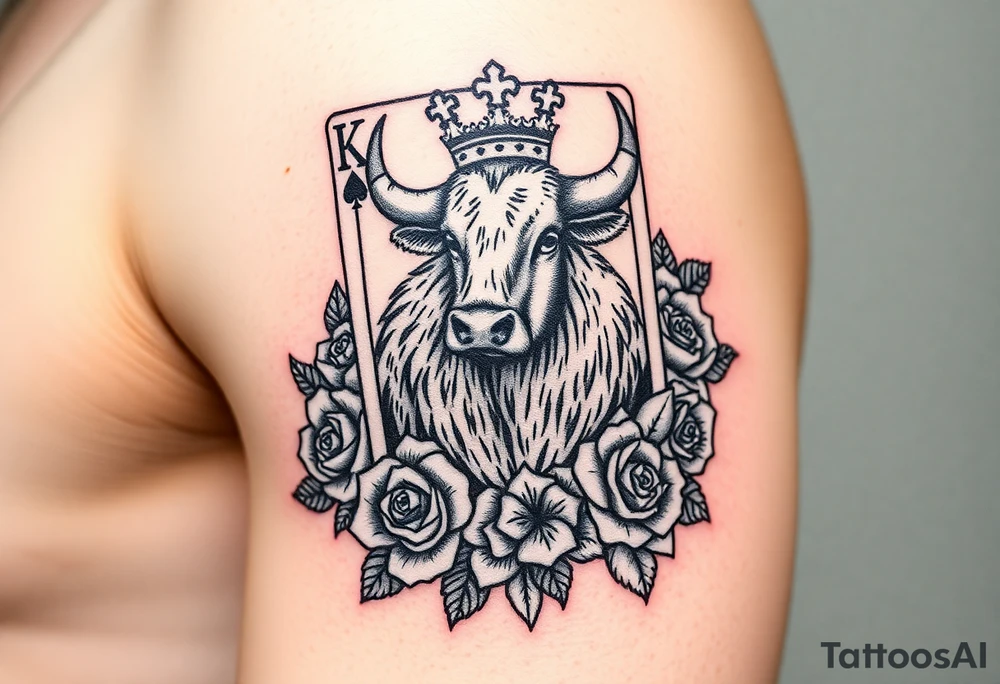 A king  card with a highland cow, a small four leaf clover, a small spanner the card surrounded by roses tattoo idea