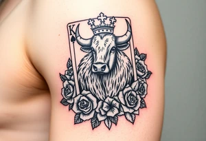 A king  card with a highland cow, a small four leaf clover, a small spanner the card surrounded by roses tattoo idea