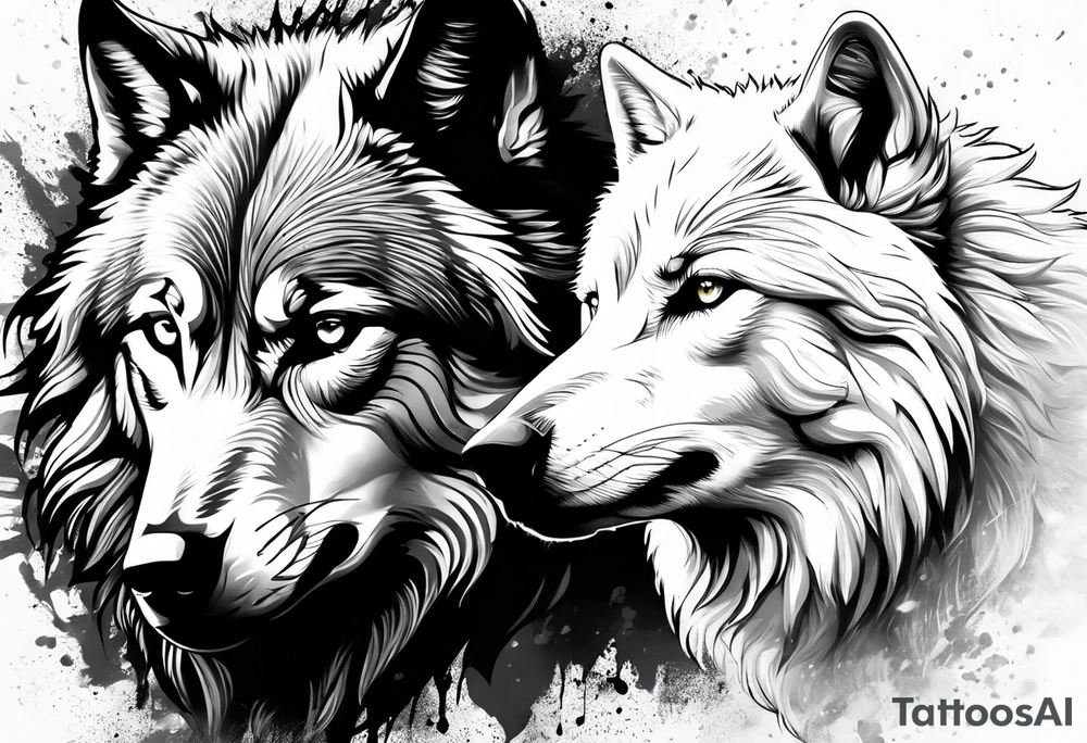 White wolf fading into Black wolf tattoo idea