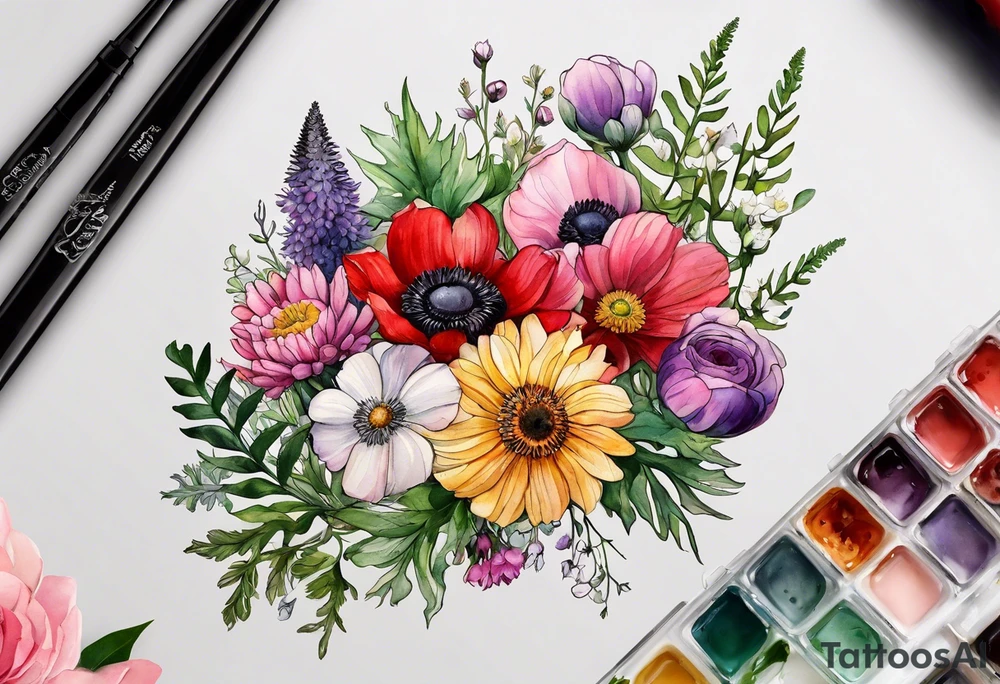 simple wildflowers with thistles, ferns, ranuculus, white anemones, sun flowers, red flowers, pink flowers, purple flowers, buttercups, babys breath, daisies, and greenery all in watercolor tattoo idea