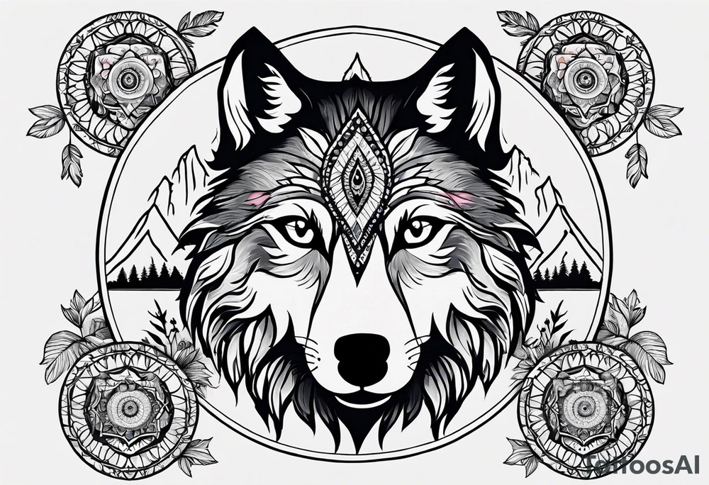 A whimsical wolf tattoo featuring mandala or dream catcher elements, with the wolf as the central focus, surrounded by mountains in the background. Include flowers and nature elements to fill the space around the wolf. Some color but not completely solid bold color tattoo idea