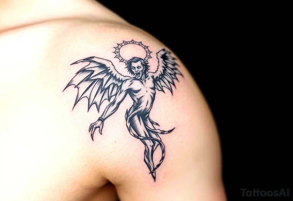 Lucifer’s fall to hell with his wings and halo fallen off tattoo idea